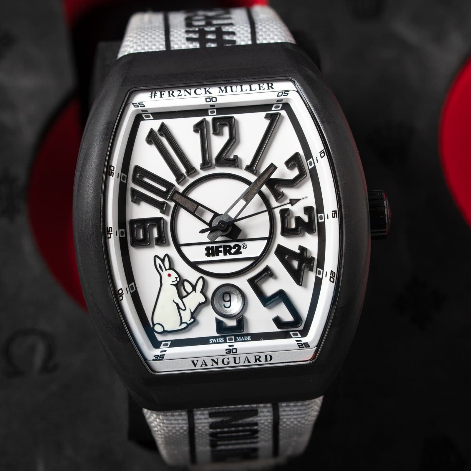 Franck Muller x #FR2 Vanguard with a black case, white dial, oversized numerals and a rabbit graphic