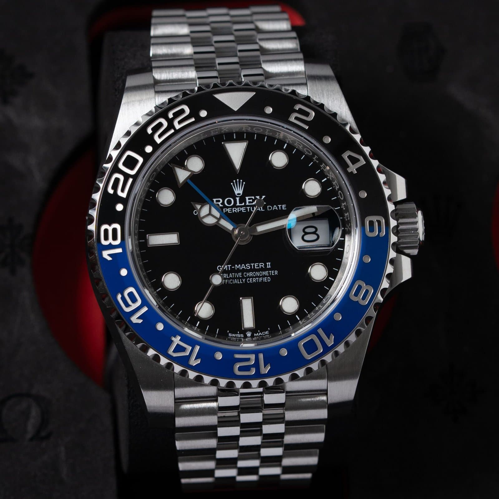Rolex GMT-Master II Batgirl with black and blue bezel on a Jubilee bracelet