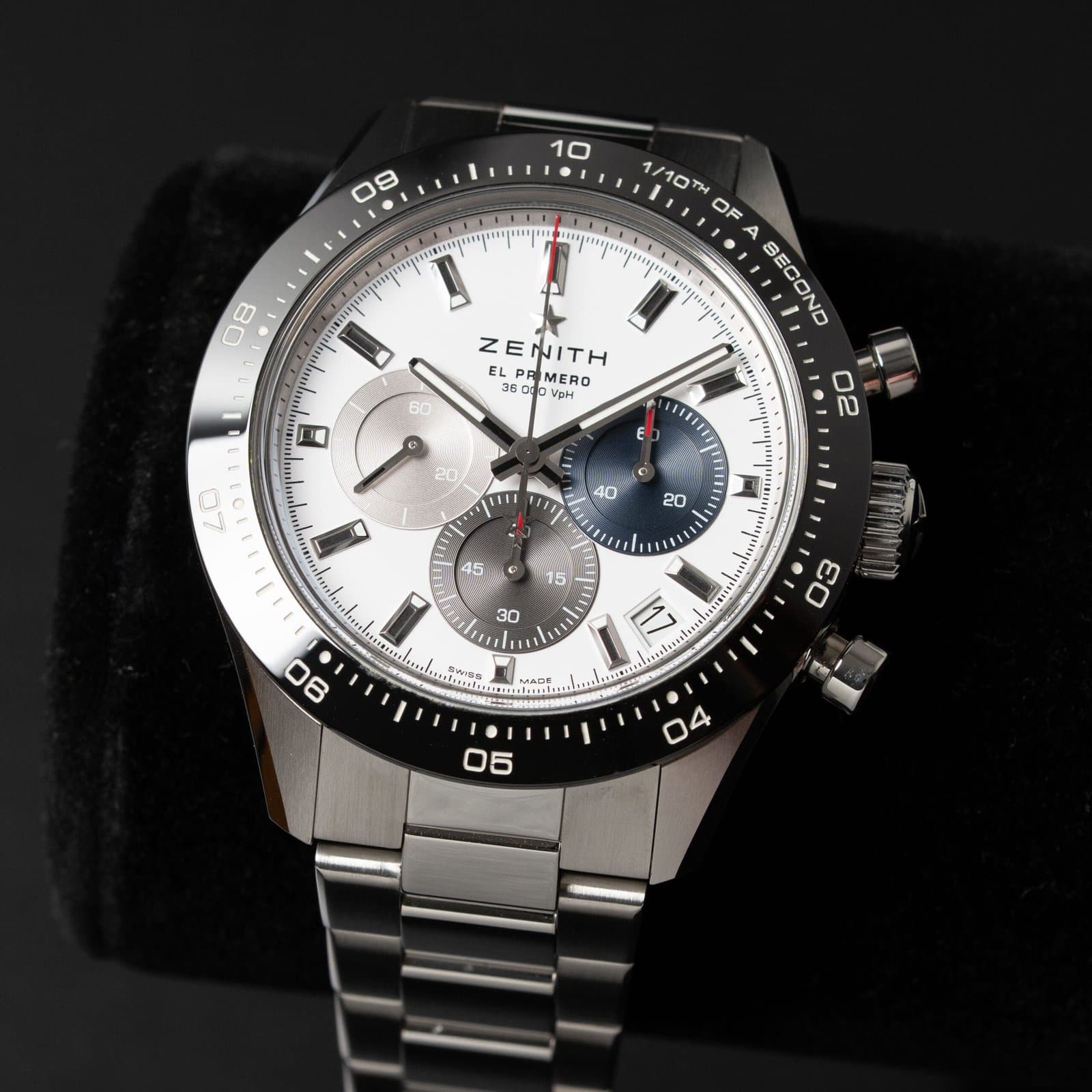 Zenith Chronomaster Sport with a white dial, three subdials and a black ceramic bezel