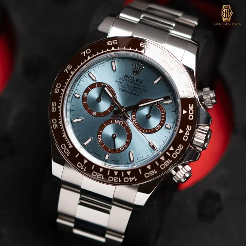 Platinum Rolex Daytona with ice blue dial and brown ceramic bezel