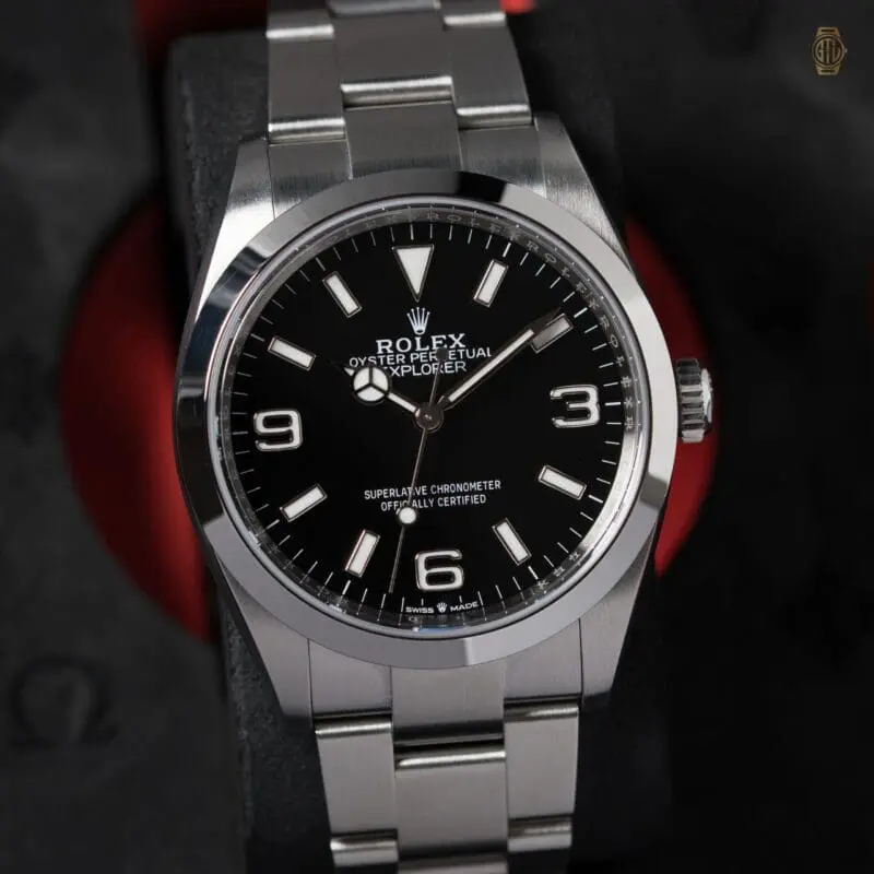 Rolex Explorer stainless steel watch with black dial on Oyster bracelet
