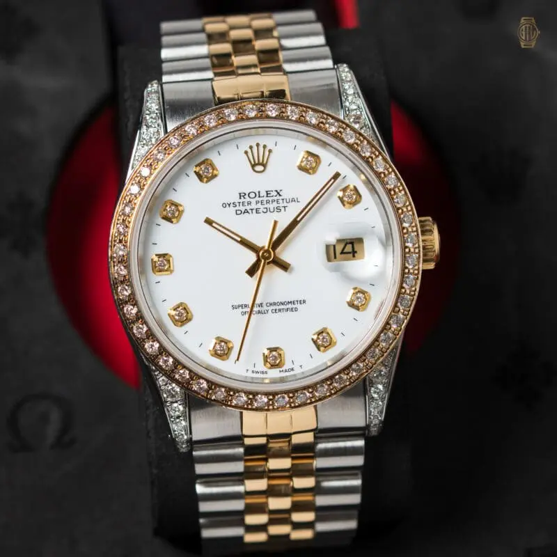 Rolex Datejust two tone with white dial diamond bezel and diamond lugs on jubilee bracelet