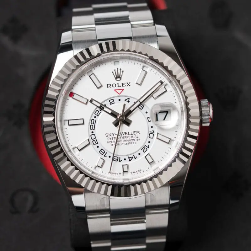 Rolex Sky-Dweller stainless steel white dial with fluted bezel and Oyster bracelet