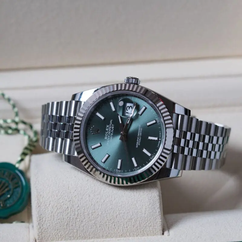 Rolex Datejust mint green dial on Jubilee bracelet with fluted bezel