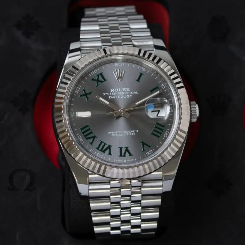 Rolex Datejust Wimbledon with slate grey dial and green Roman numerals on Jubilee bracelet