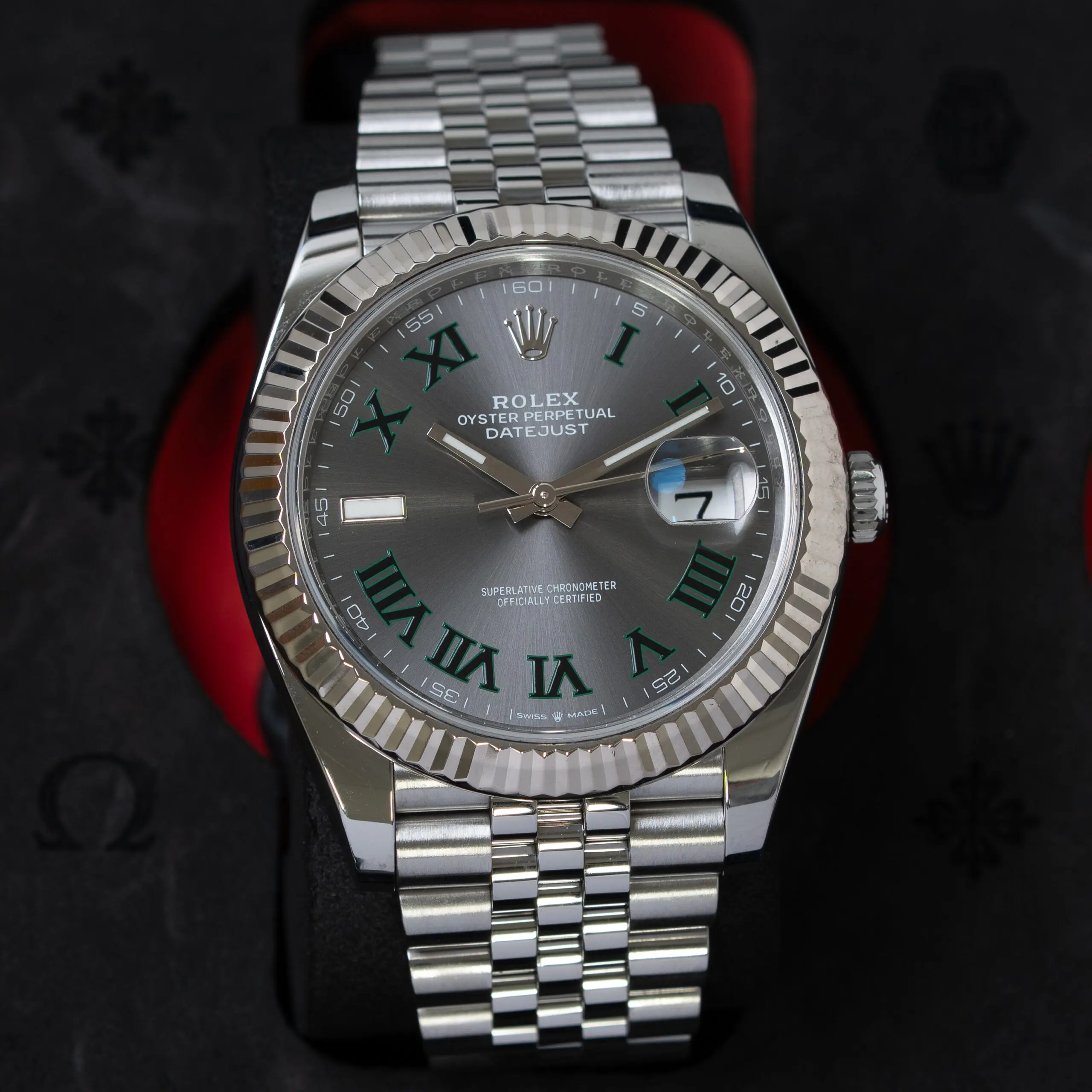 Rolex Datejust Wimbledon with slate grey dial and green Roman numerals on Jubilee bracelet