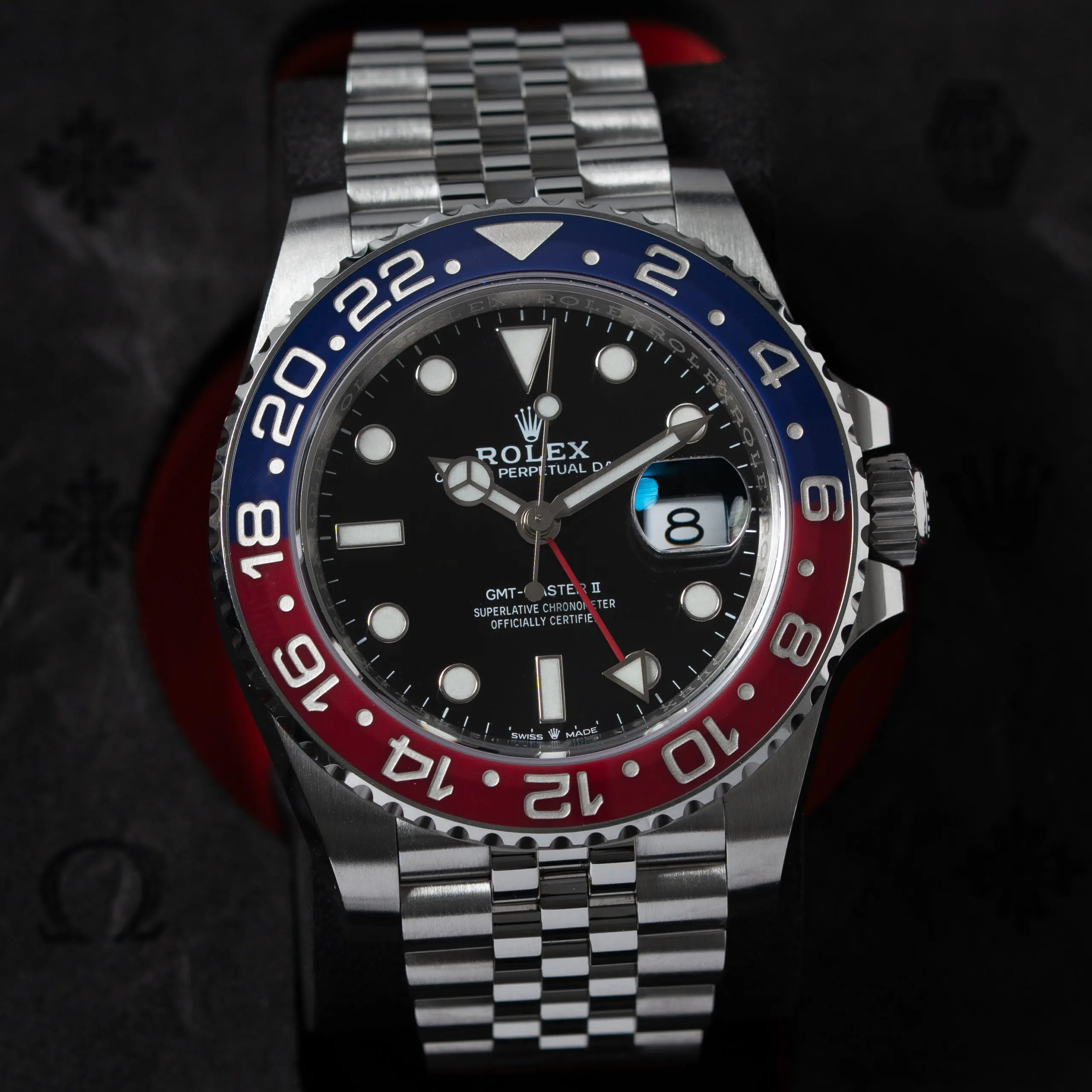 Rolex GMT-Master II “Pepsi” with red and blue bezel on stainless steel bracelet