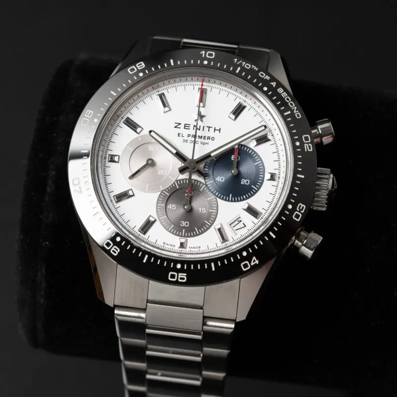 Zenith chronograph watch dial with subdials and applied hour markers
