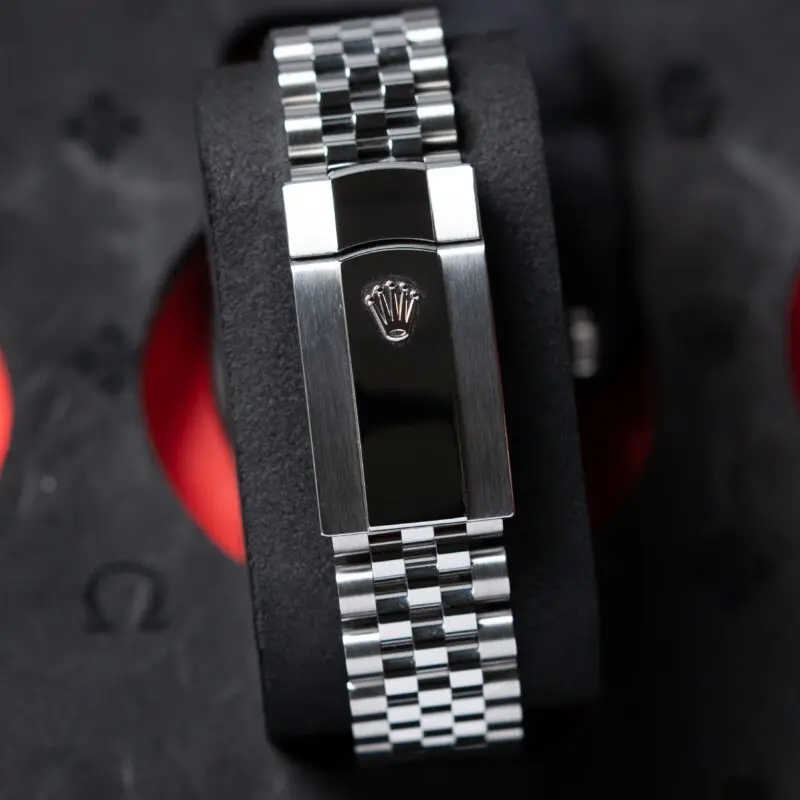 Rolex Datejust Jubilee bracelet clasp close-up in stainless steel
